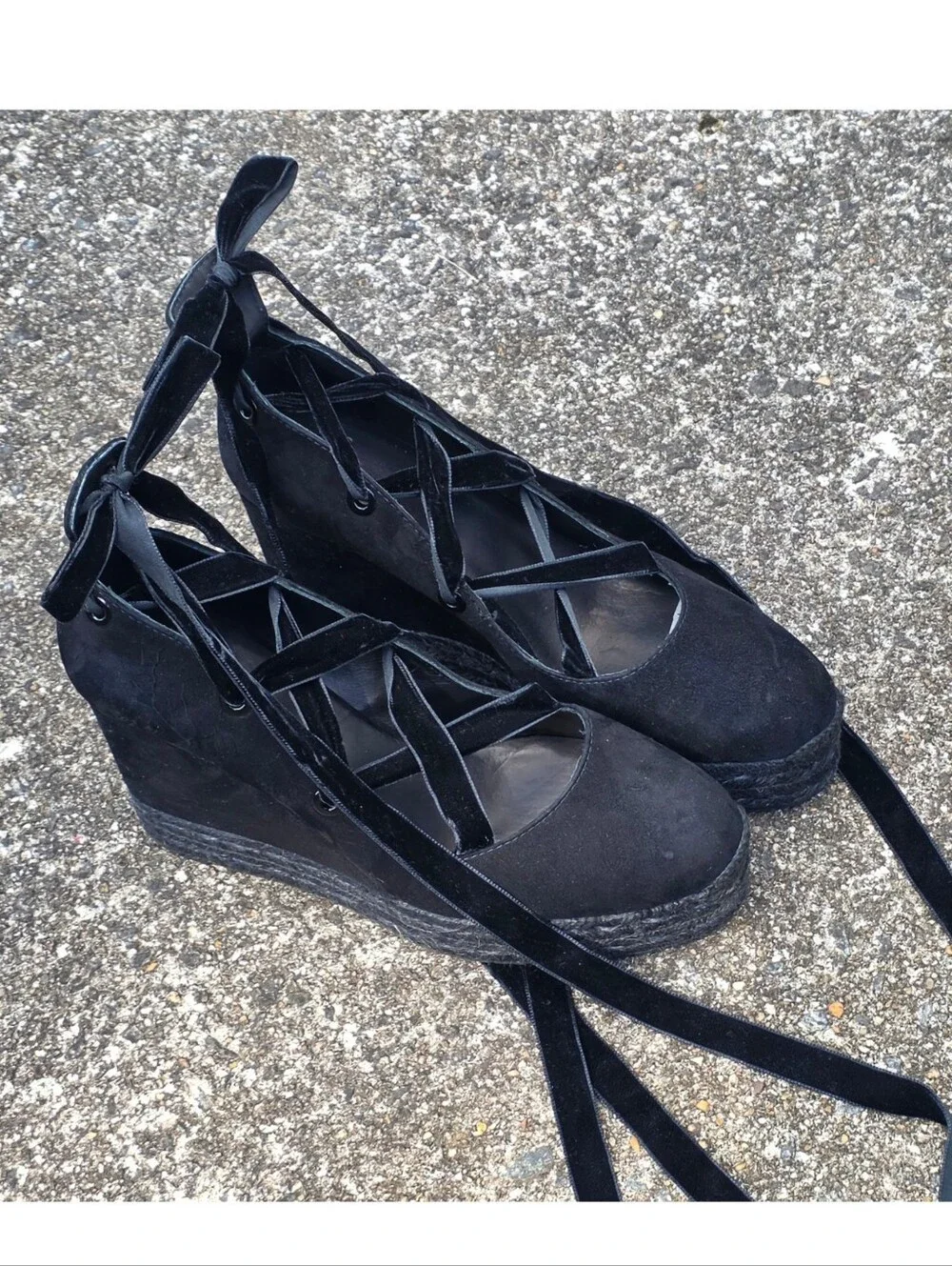 Castañer Black Balletcore Velvet Lace Up Wedge Espadrilles EU 40 US 9